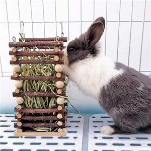 Hanging Apple Wood Rabbit Hay Feeder- Wooden Grass Shelf with 2 Hooks